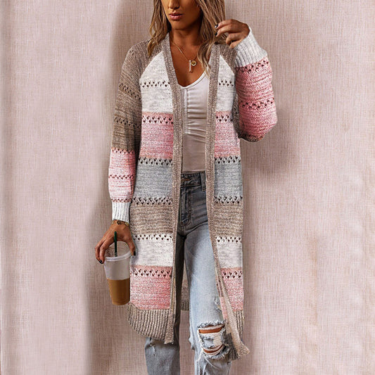 Suéter Feminino  Confortável Elegante Manga Longa Listrado Patchwork Suéter, Feminino Casual Longo Cardigan Outono Inverno