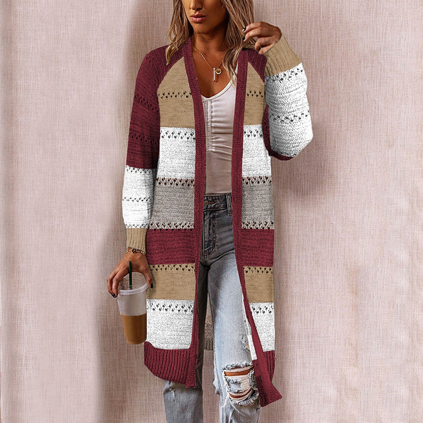 Suéter Feminino  Confortável Elegante Manga Longa Listrado Patchwork Suéter, Feminino Casual Longo Cardigan Outono Inverno