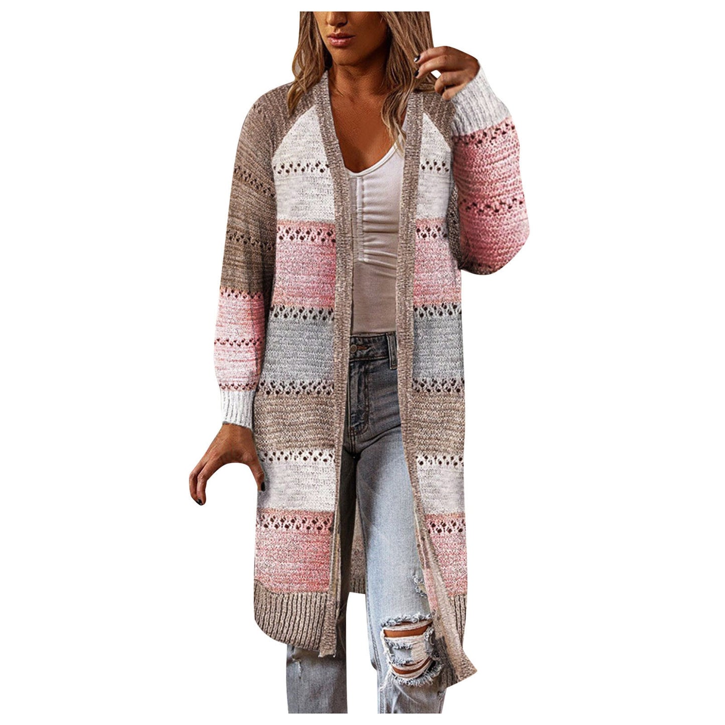 Suéter Feminino  Confortável Elegante Manga Longa Listrado Patchwork Suéter, Feminino Casual Longo Cardigan Outono Inverno