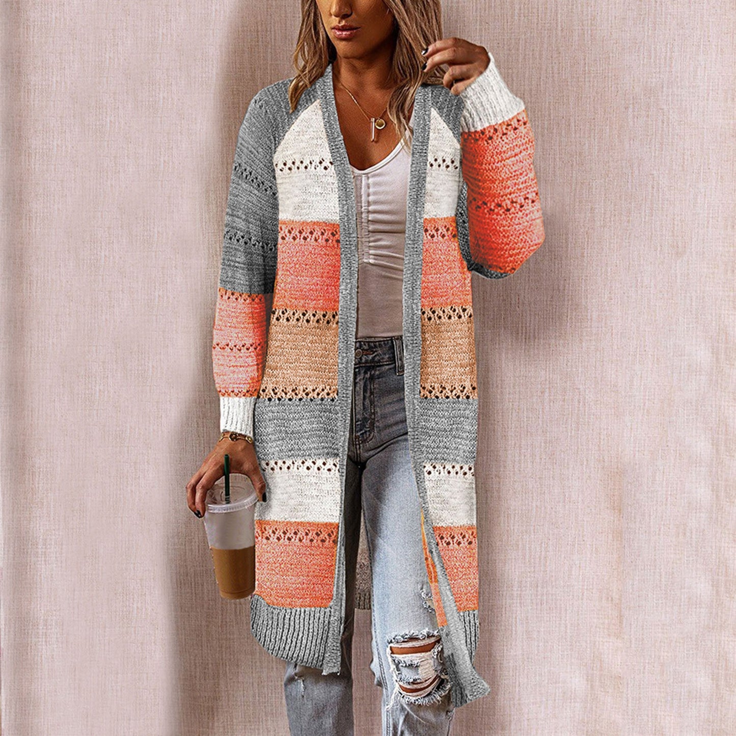 Suéter Feminino  Confortável Elegante Manga Longa Listrado Patchwork Suéter, Feminino Casual Longo Cardigan Outono Inverno