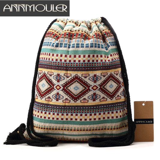 Mochila Annmouler Feminina Vintage Marca Bolsa de Ombro de Lona Estilo Boêmio Bolsa de Corda Organizador de Armazenamento de Viagem Bolsa Tribal de Algodão