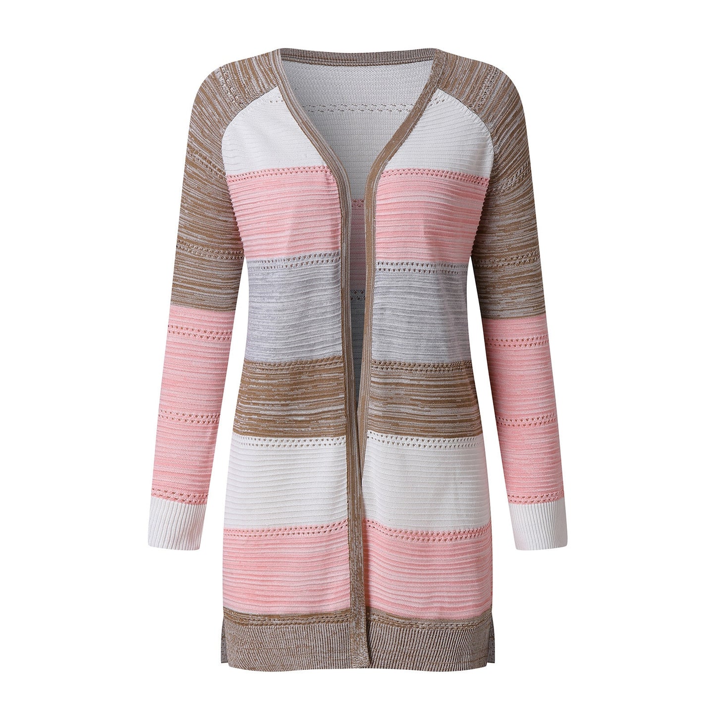 Suéter Feminino  Confortável Elegante Manga Longa Listrado Patchwork Suéter, Feminino Casual Longo Cardigan Outono Inverno