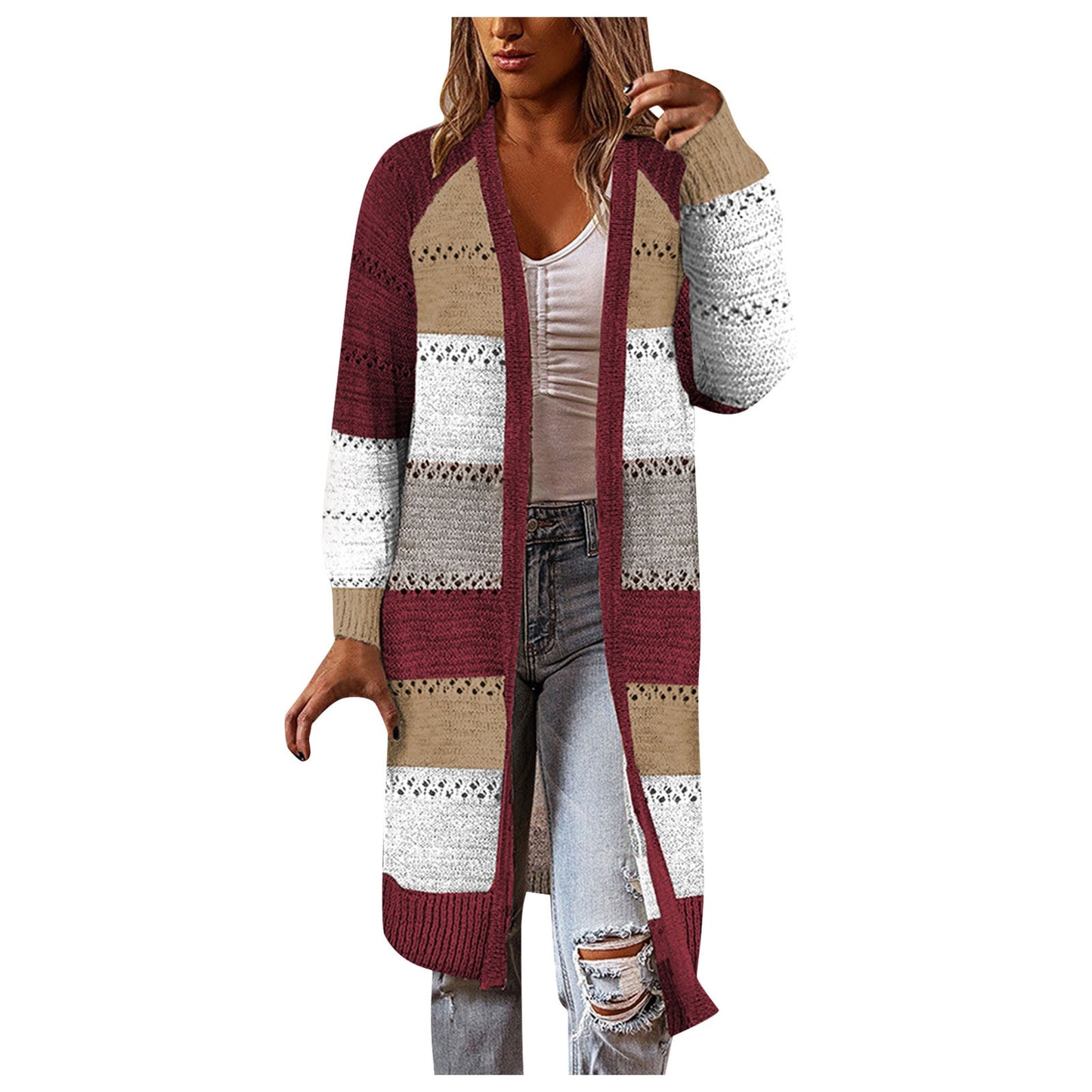 Suéter Feminino  Confortável Elegante Manga Longa Listrado Patchwork Suéter, Feminino Casual Longo Cardigan Outono Inverno