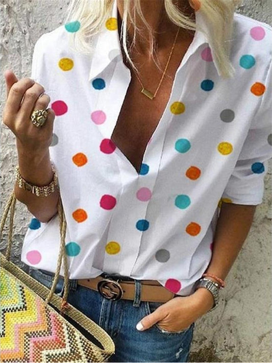 2022 Nova blusa de bolinhas feminina gola virada para baixo camisas de manga longa roupas tamanho grande streetwear blusa branca feminina Xxl
