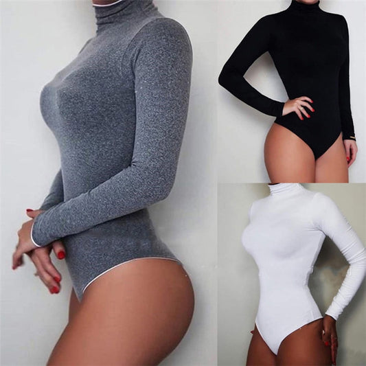 Body feminino de gola alta sexy com gola alta manga comprida  bodycon preto branco